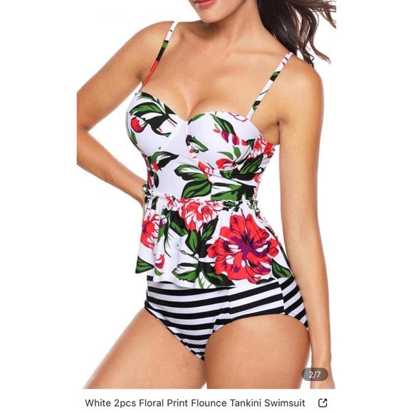 White 2pcs Floral Print Flounce Tankini Swimsuit - Picture 2 of 9